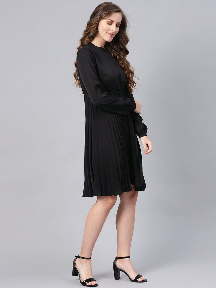 Women's Black Mandrain Collar Pleated Skater Dress - SASSAFRAS