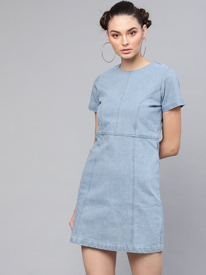 Women's Light Blue Denim Shift Dress - SASSAFRAS