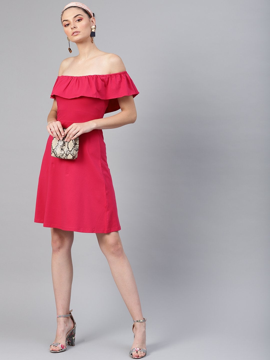 Women's Fuchsia Off Shoulder Skater Midi Dress - SASSAFRAS