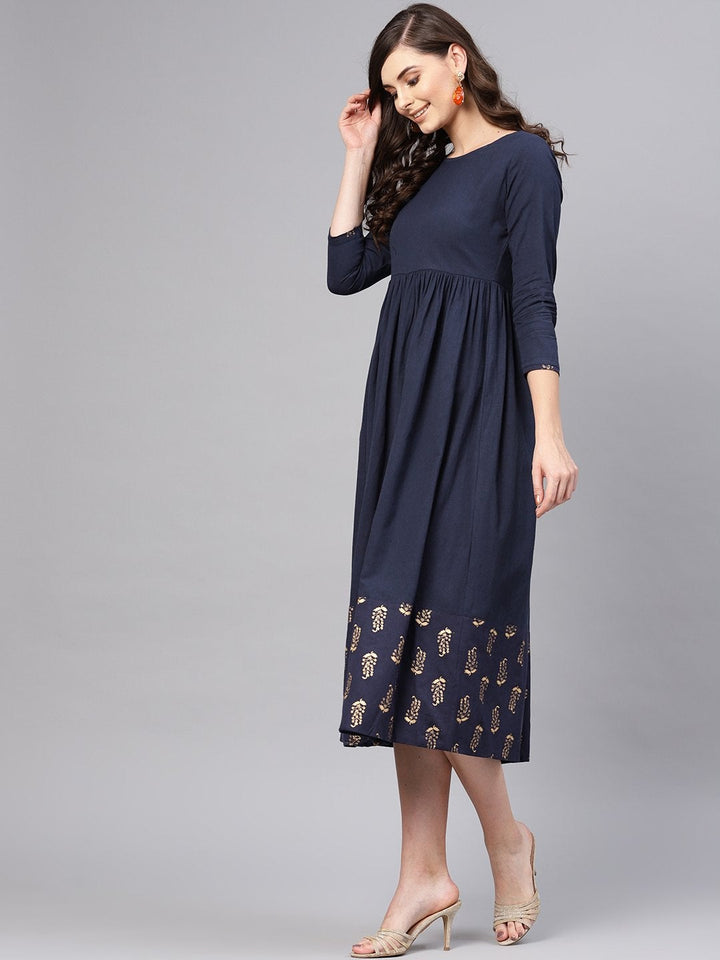Women's Navy Foil Printed Gathered Dress - SASSAFRAS