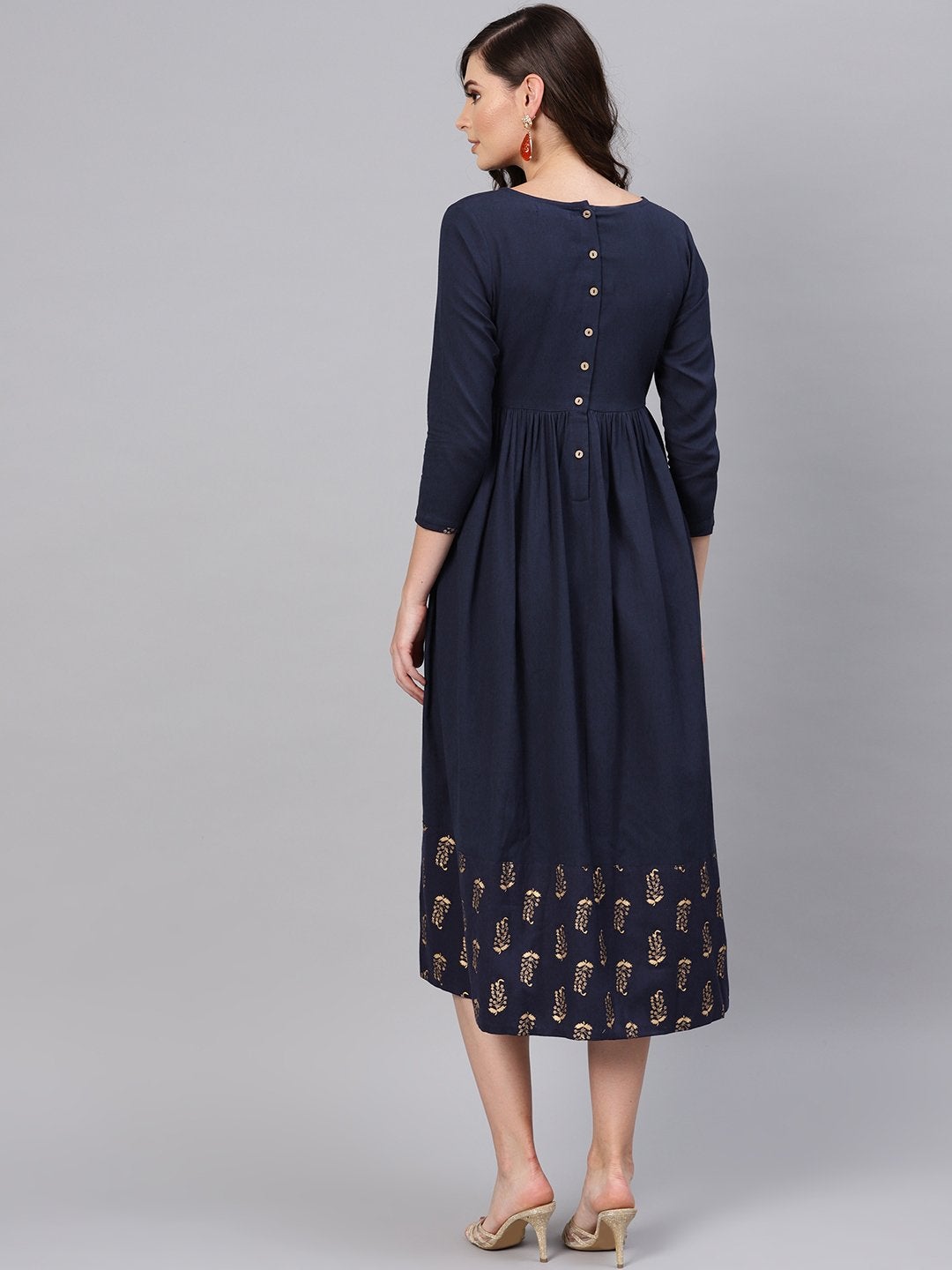 Women's Navy Foil Printed Gathered Dress - SASSAFRAS