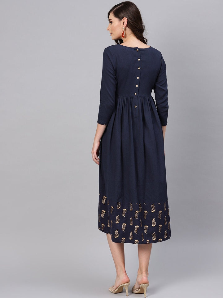 Women's Navy Foil Printed Gathered Dress - SASSAFRAS