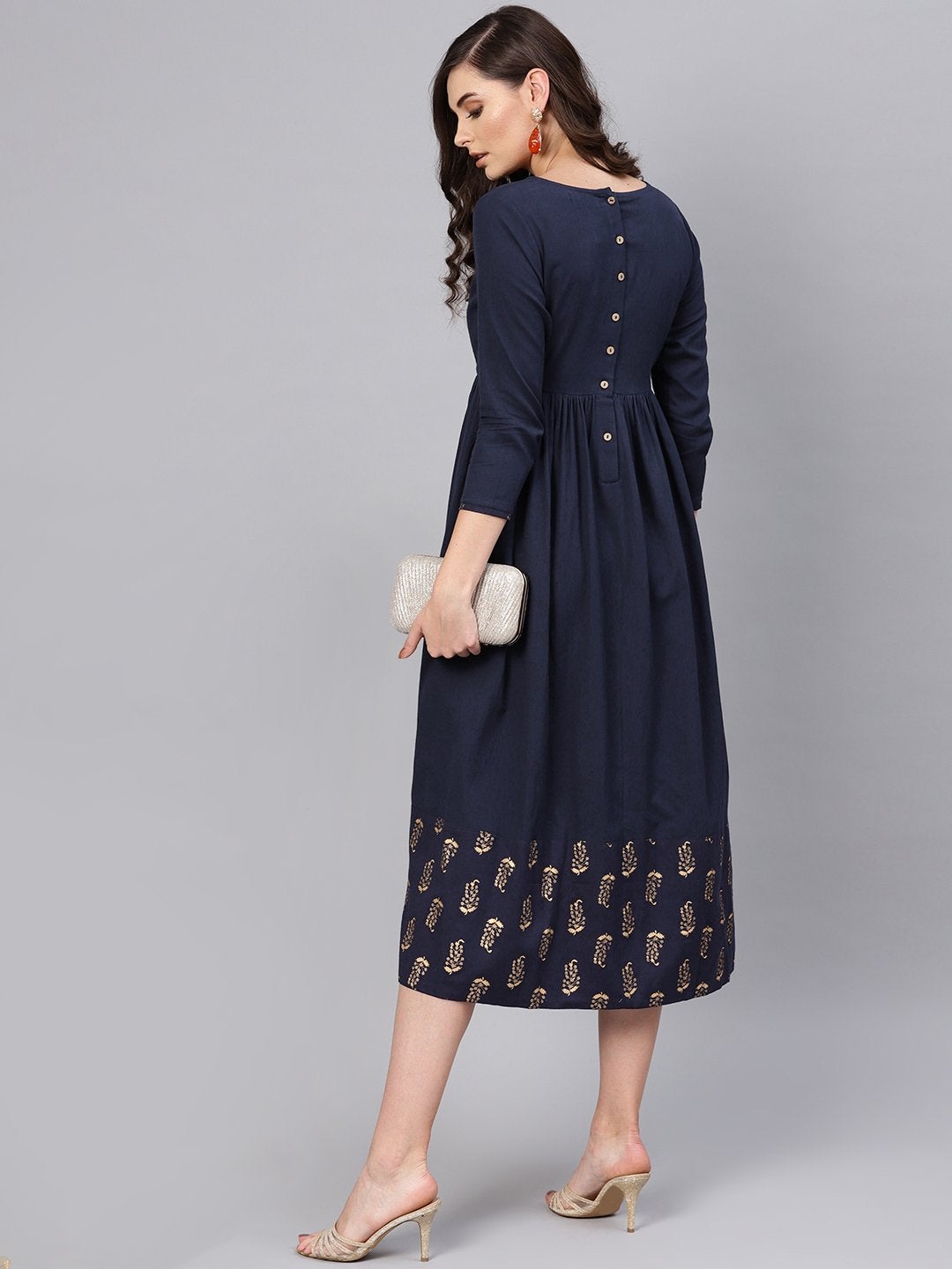 Women's Navy Foil Printed Gathered Dress - SASSAFRAS