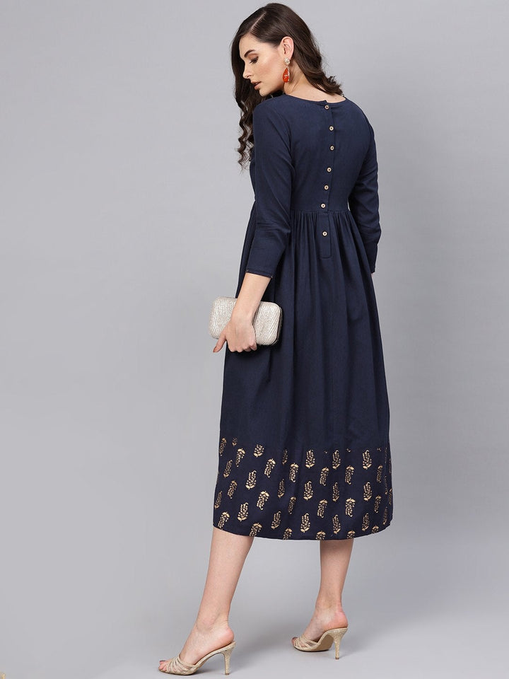 Women's Navy Foil Printed Gathered Dress - SASSAFRAS