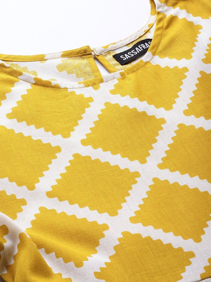 Women's Mustard Diamond Print Gathered Dress - SASSAFRAS