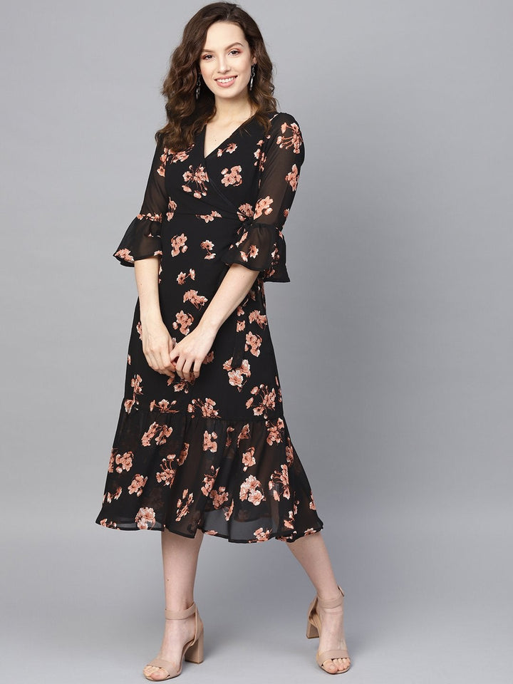 Women's Black Floral Wrap Tie Dress - SASSAFRAS