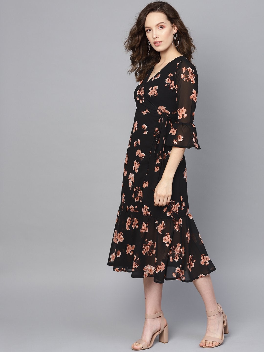 Women's Black Floral Wrap Tie Dress - SASSAFRAS