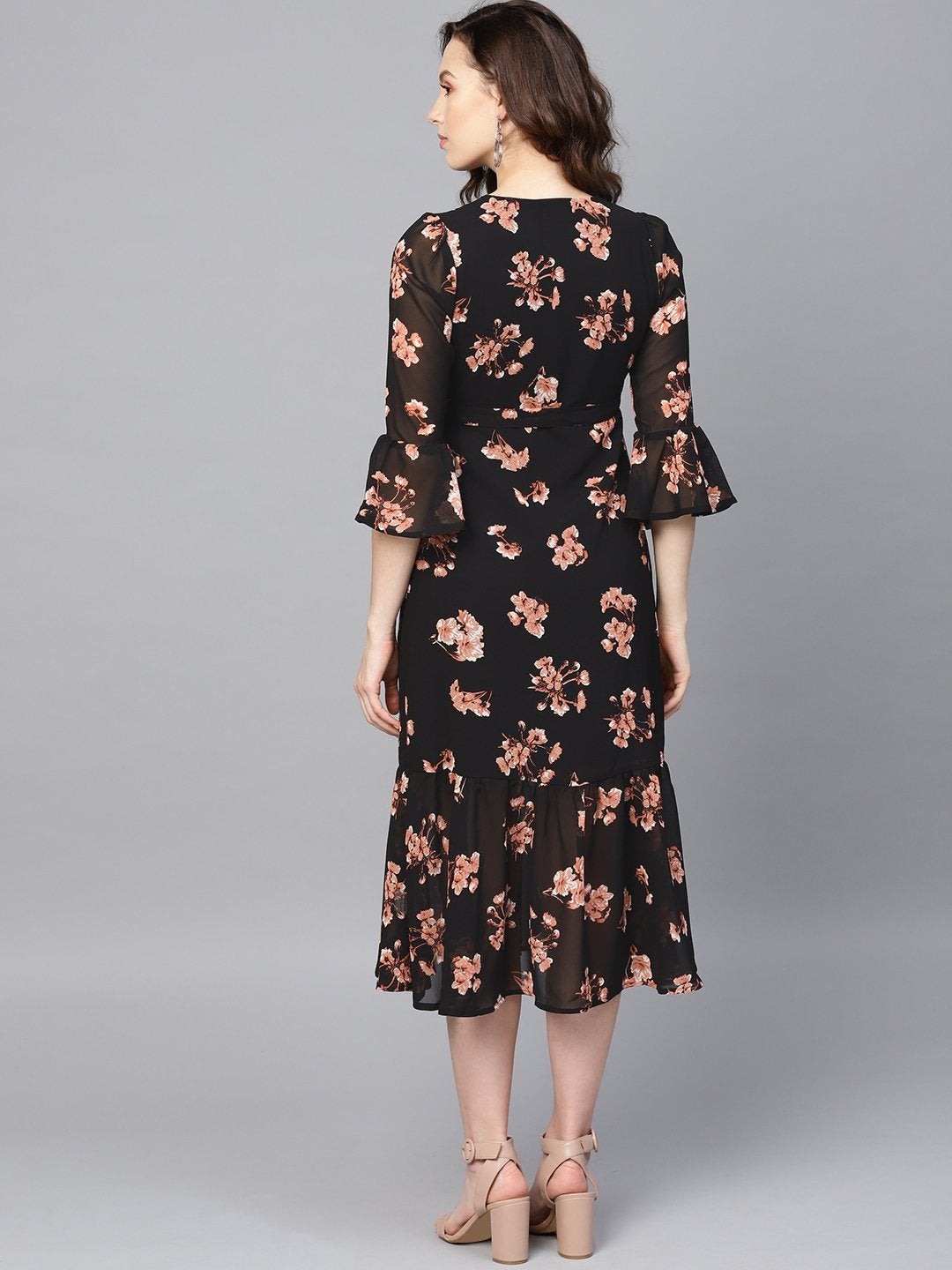 Women's Black Floral Wrap Tie Dress - SASSAFRAS