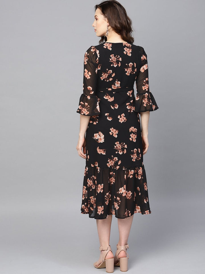 Women's Black Floral Wrap Tie Dress - SASSAFRAS