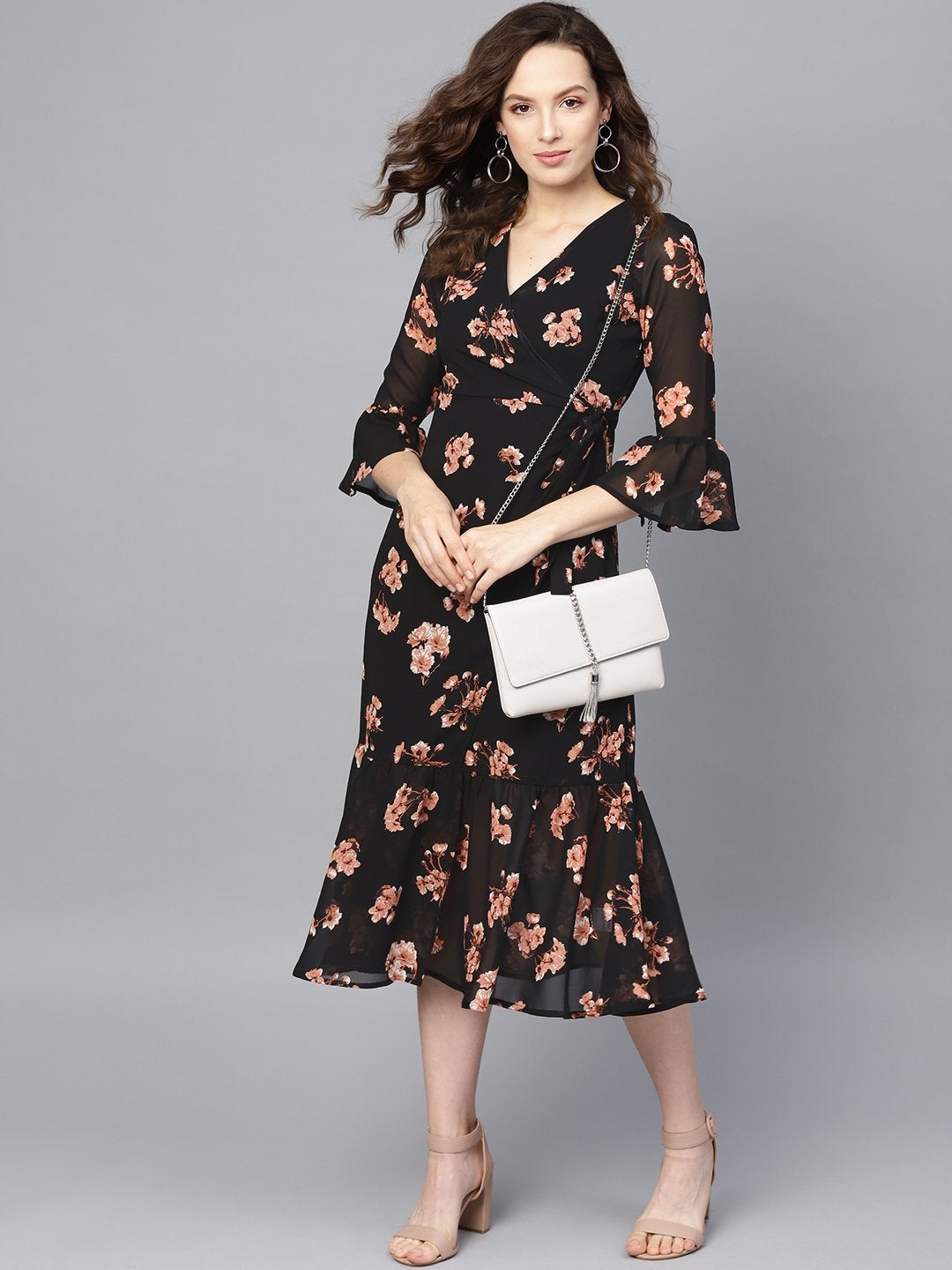 Women's Black Floral Wrap Tie Dress - SASSAFRAS