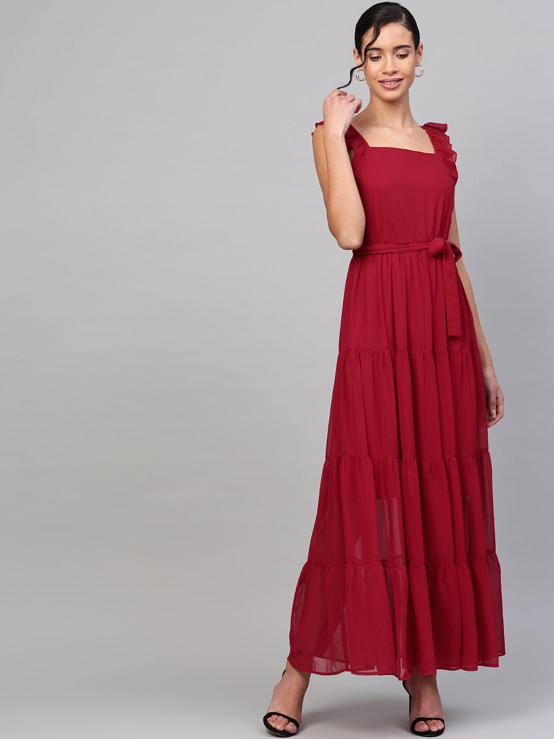 Women's Red Strappy Frill Tiered Maxi - SASSAFRAS