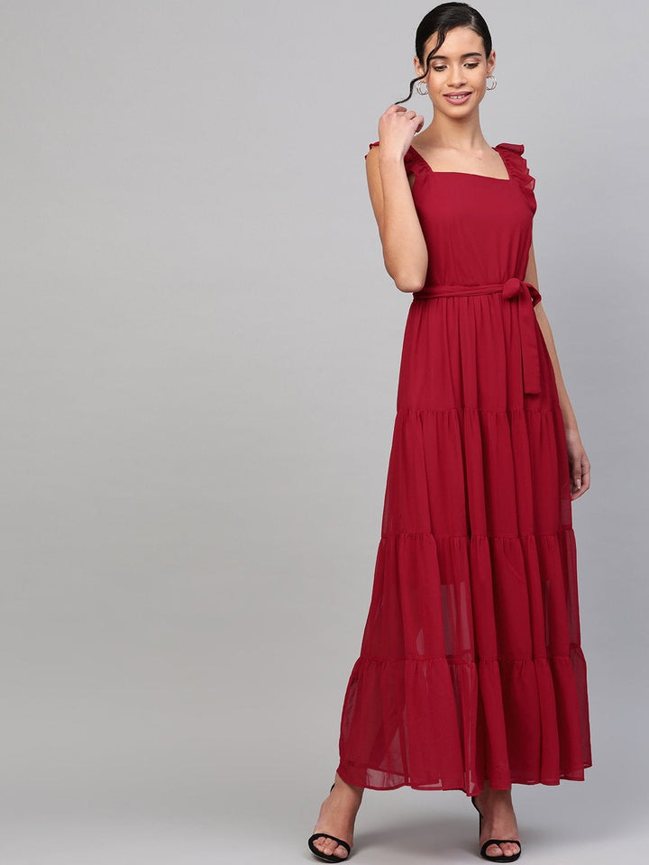 Women's Red Strappy Frill Tiered Maxi - SASSAFRAS