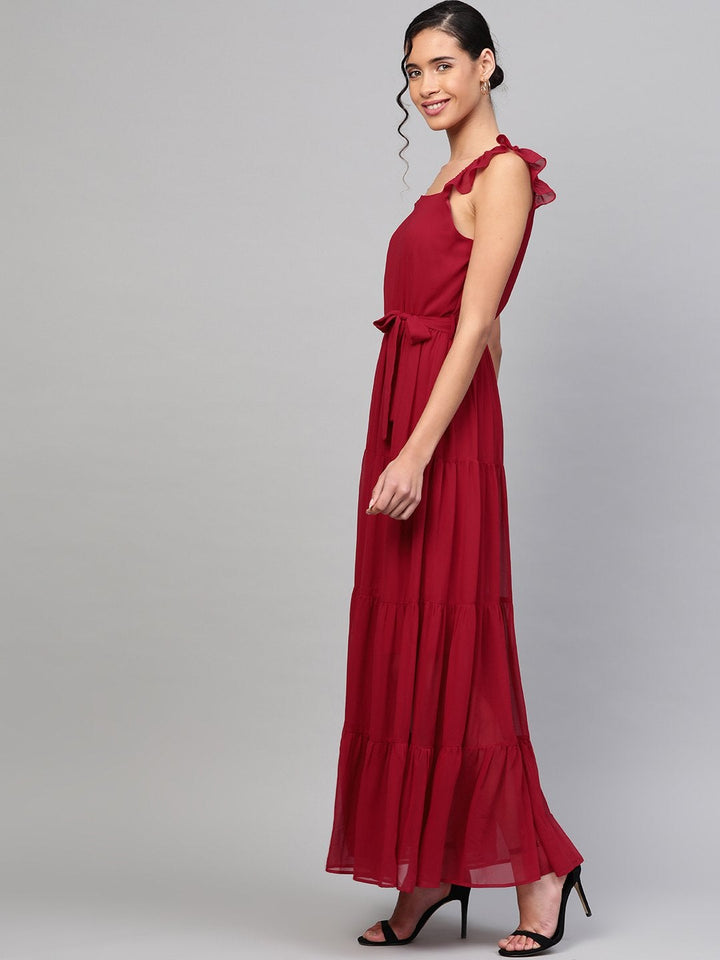 Women's Red Strappy Frill Tiered Maxi - SASSAFRAS
