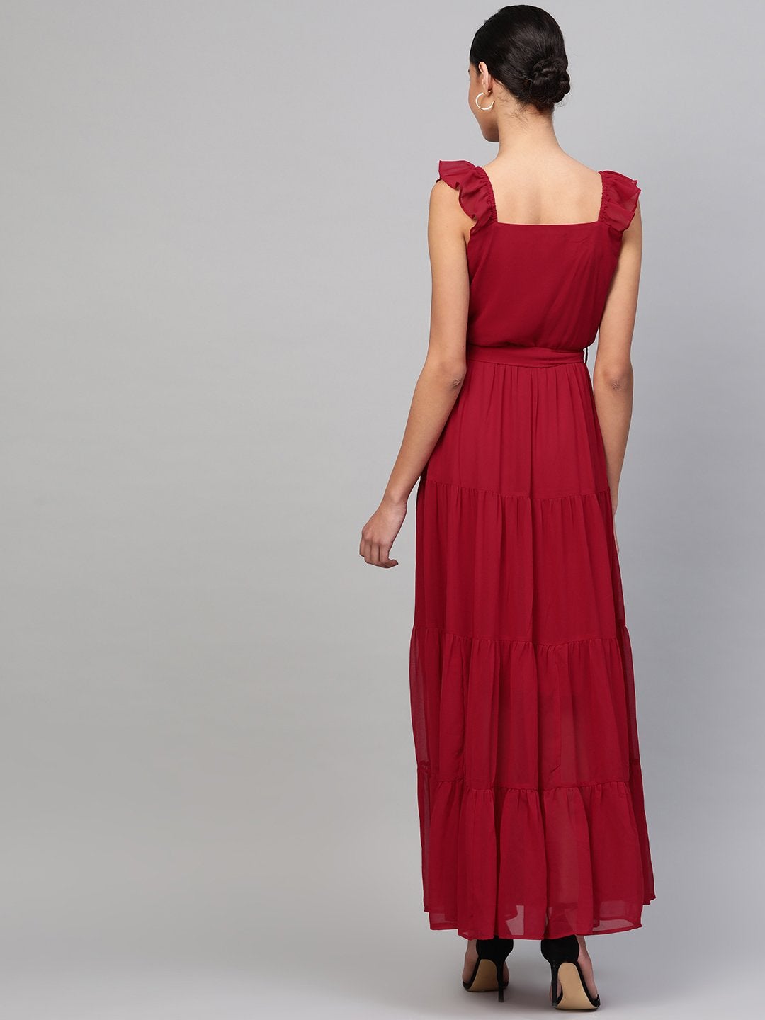 Women's Red Strappy Frill Tiered Maxi - SASSAFRAS