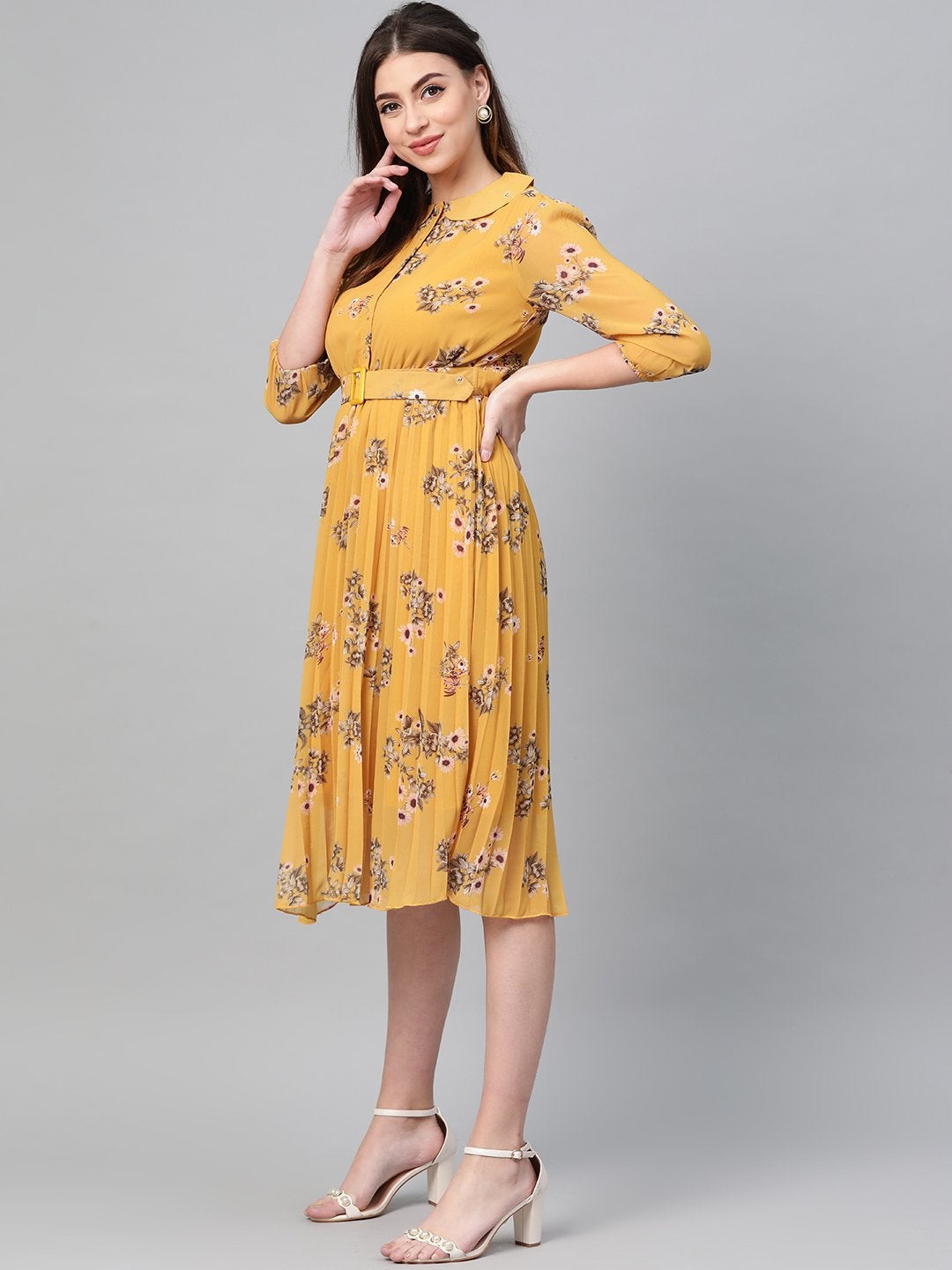 Women's Mustard Floral Peterpan Collar Pleated Dress - SASSAFRAS
