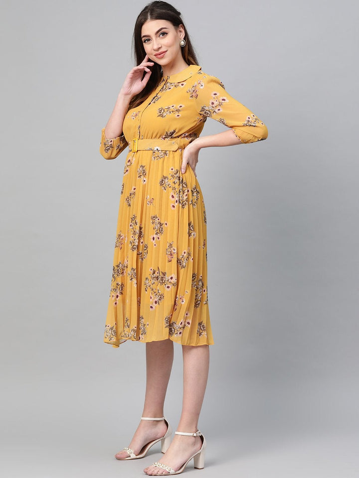 Women's Mustard Floral Peterpan Collar Pleated Dress - SASSAFRAS