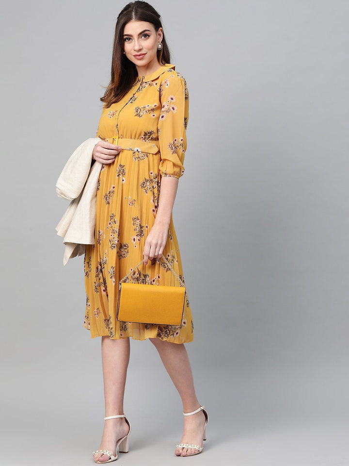 Women's Mustard Floral Peterpan Collar Pleated Dress - SASSAFRAS