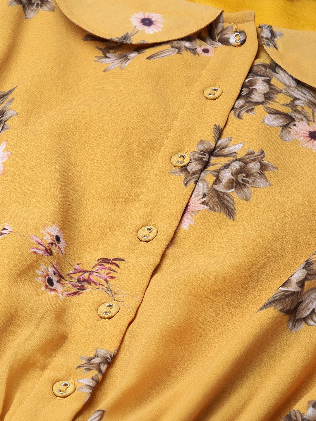 Women's Mustard Floral Peterpan Collar Pleated Dress - SASSAFRAS