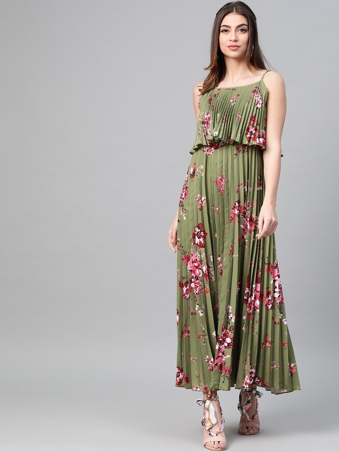 Women's Olive Floral Strappy Pleated Maxi Dress - SASSAFRAS
