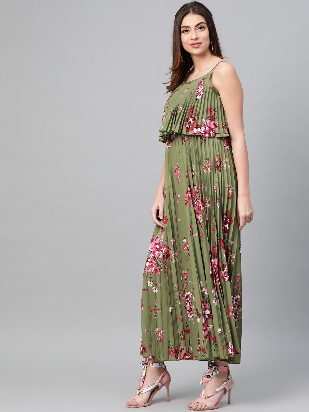 Women's Olive Floral Strappy Pleated Maxi Dress - SASSAFRAS