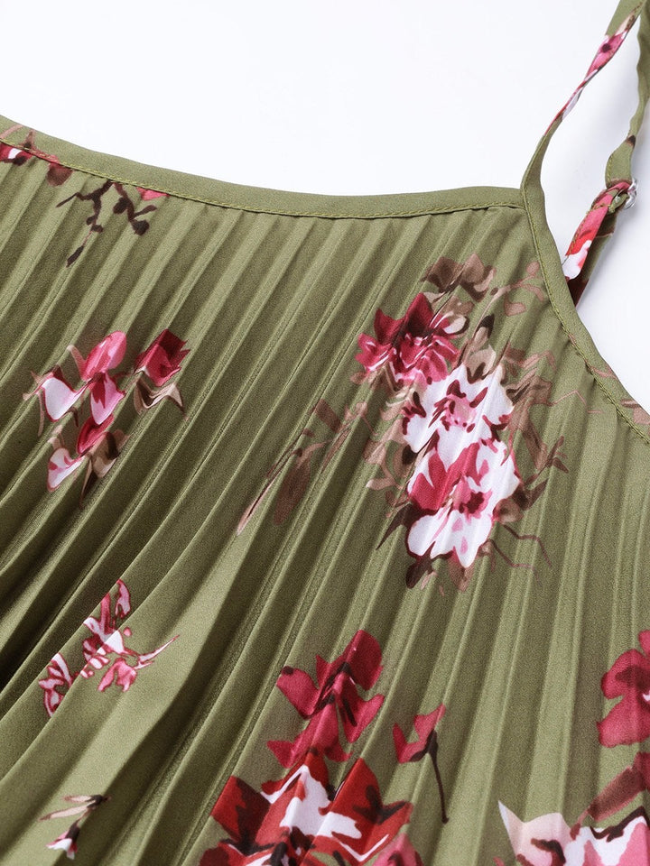 Women's Olive Floral Strappy Pleated Maxi Dress - SASSAFRAS