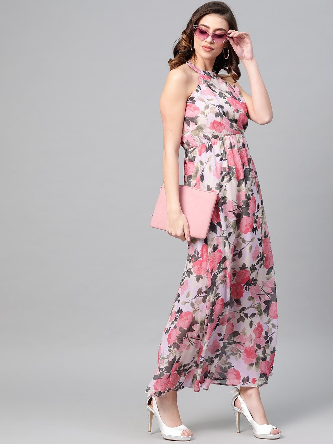 Women's Beige Floral Halter Neck Maxi Dress - SASSAFRAS