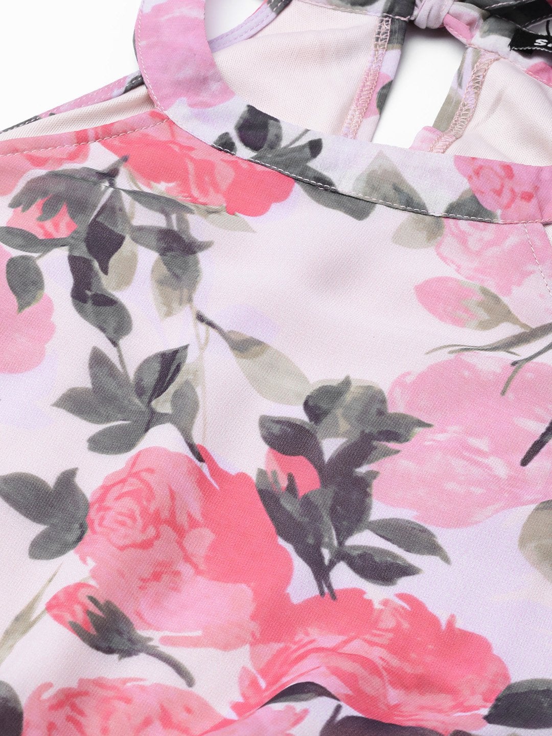 Women's Beige Floral Halter Neck Maxi Dress - SASSAFRAS