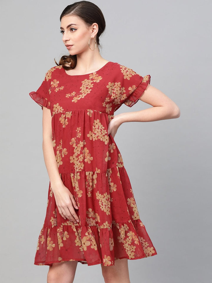Women's Red Floral Tiered Trapeze Dress - SASSAFRAS