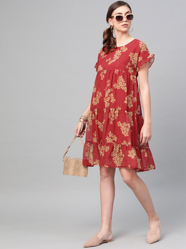 Women's Red Floral Tiered Trapeze Dress - SASSAFRAS