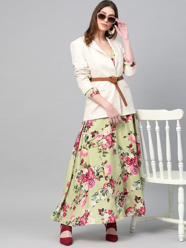 Women's Green Floral Flared Maxi Dress - SASSAFRAS