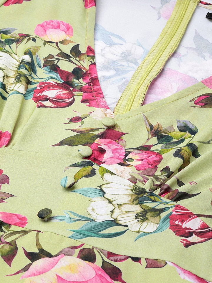 Women's Green Floral Flared Maxi Dress - SASSAFRAS