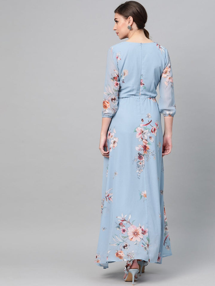 Women's Pale Blue Floral Flared Maxi Dress - SASSAFRAS