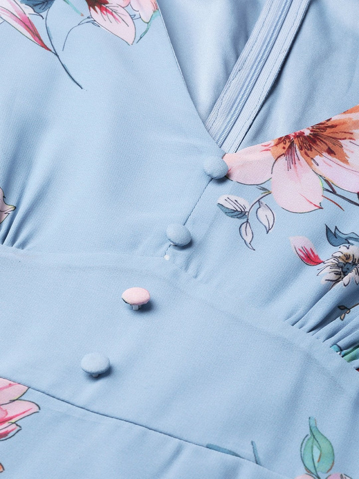 Women's Pale Blue Floral Flared Maxi Dress - SASSAFRAS