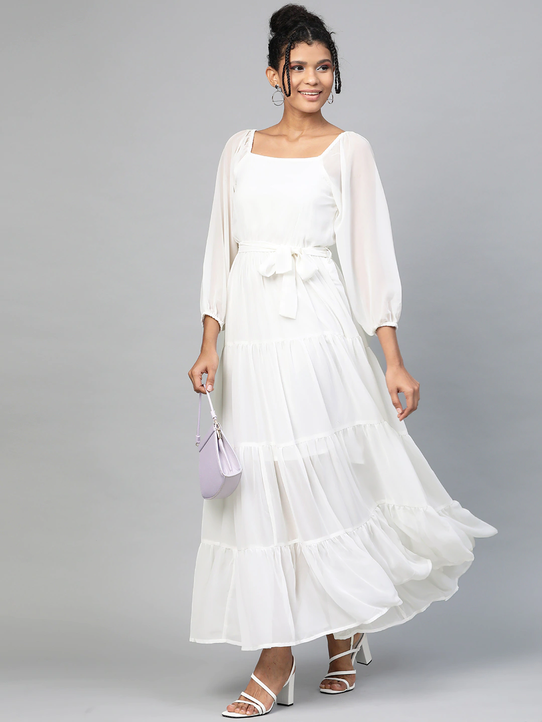 Women's White Square Neck Tiered Maxi Dress - SASSAFRAS