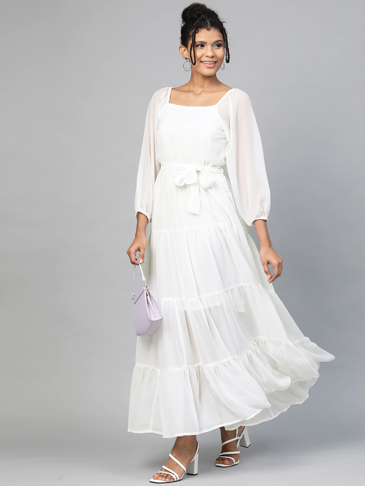 Women's White Square Neck Tiered Maxi Dress - SASSAFRAS