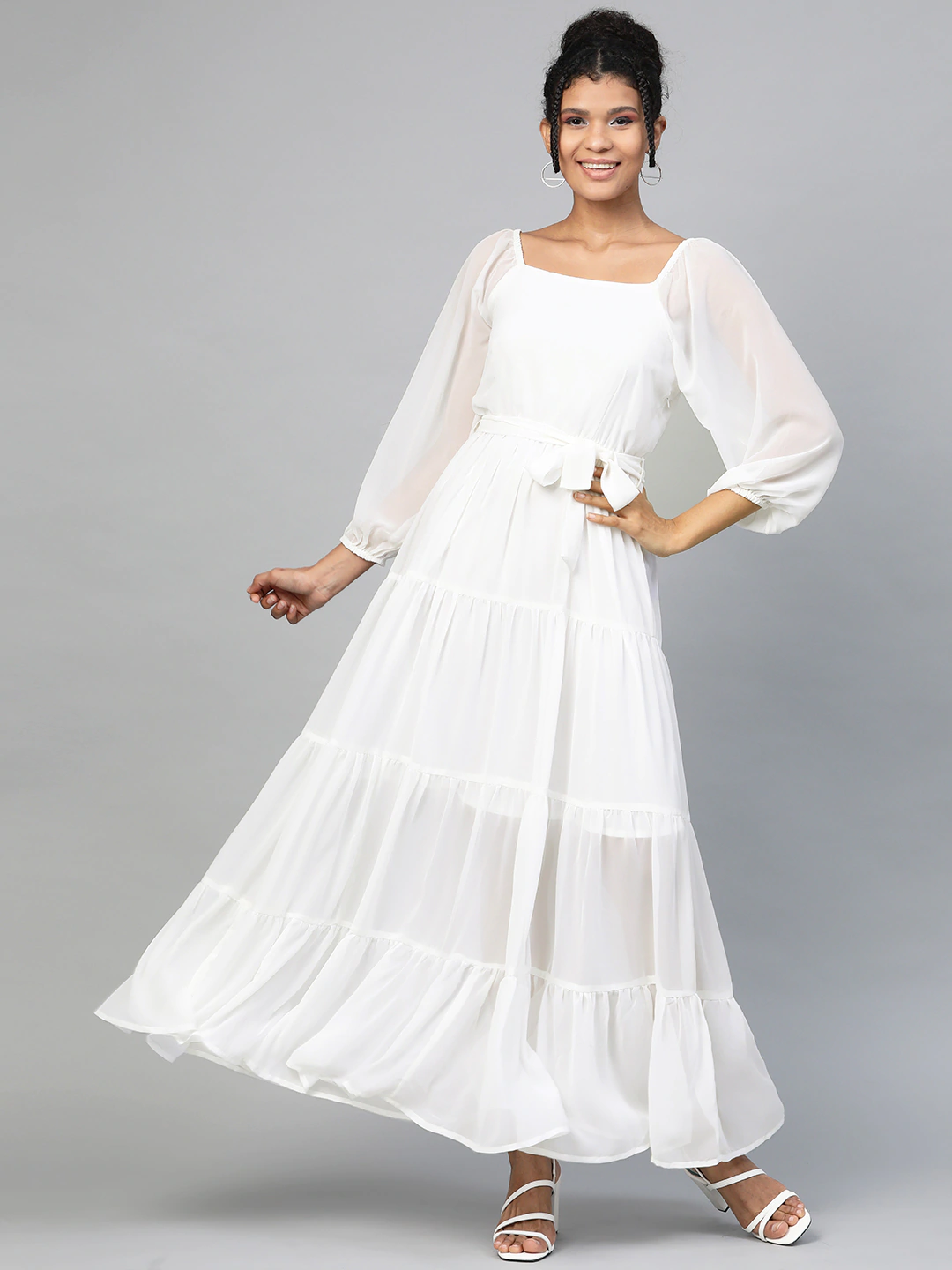 Women's White Square Neck Tiered Maxi Dress - SASSAFRAS