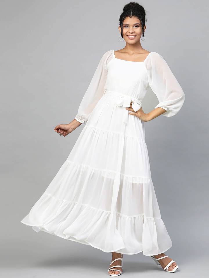 Women's White Square Neck Tiered Maxi Dress - SASSAFRAS