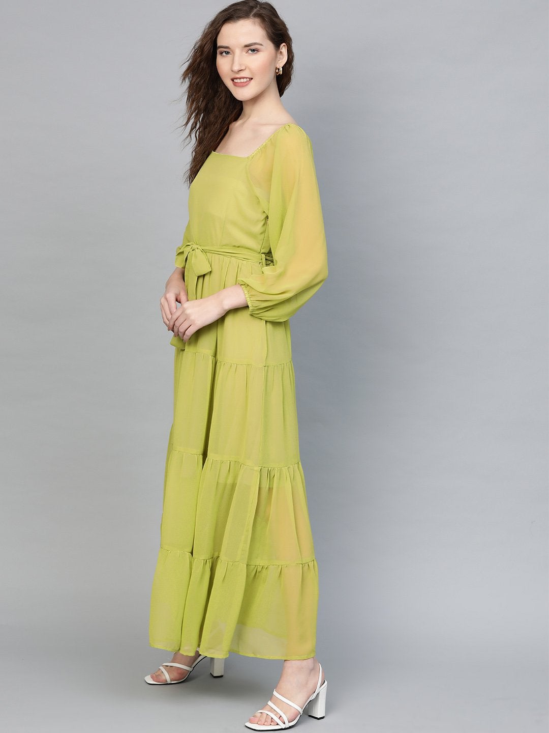 Women's Green Square Neck Tiered Maxi Dress - SASSAFRAS