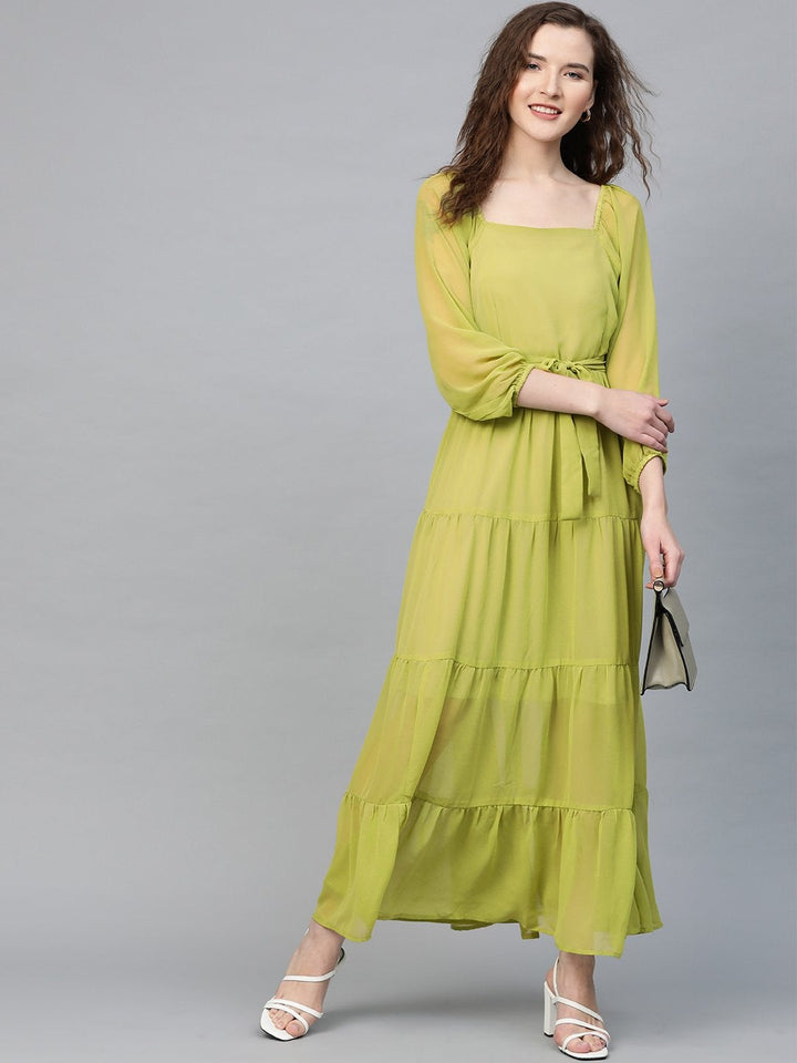 Women's Green Square Neck Tiered Maxi Dress - SASSAFRAS