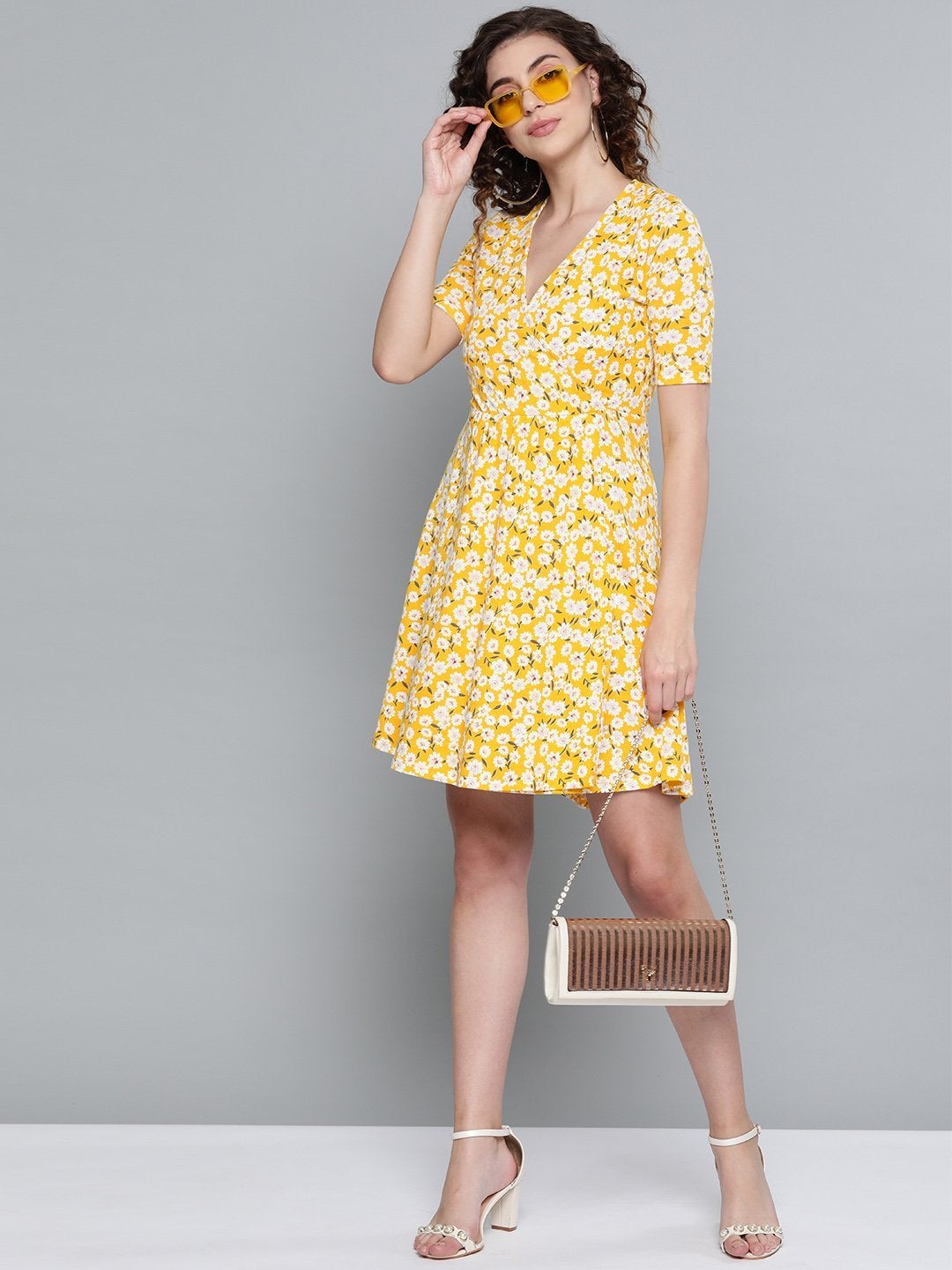 Women's Yellow Ditsy Floral Wrap Skater Dress - SASSAFRAS
