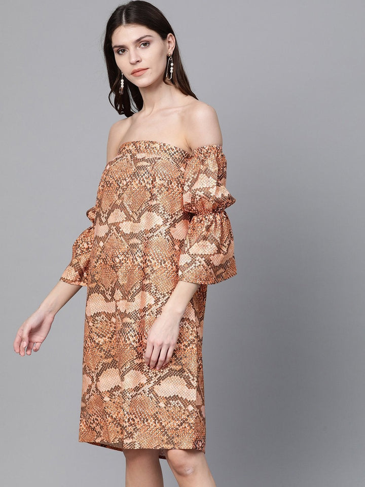 Women's Brown Snake Print Bardot Shift Dress - SASSAFRAS