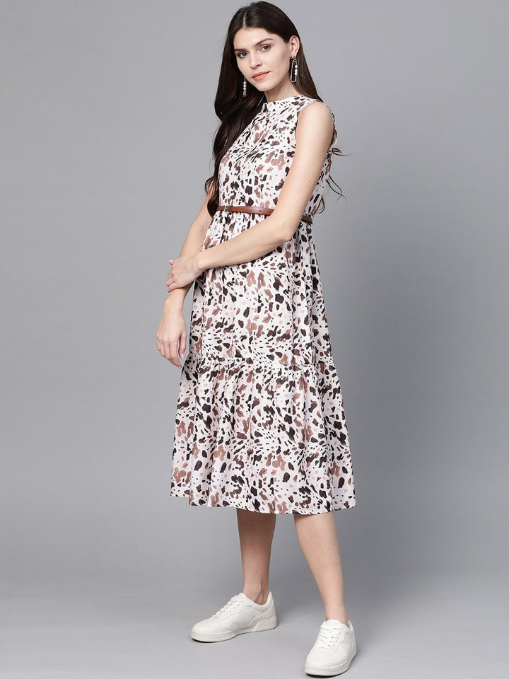 Women's Off White Leopard Tiered Belted Midi Dress - SASSAFRAS