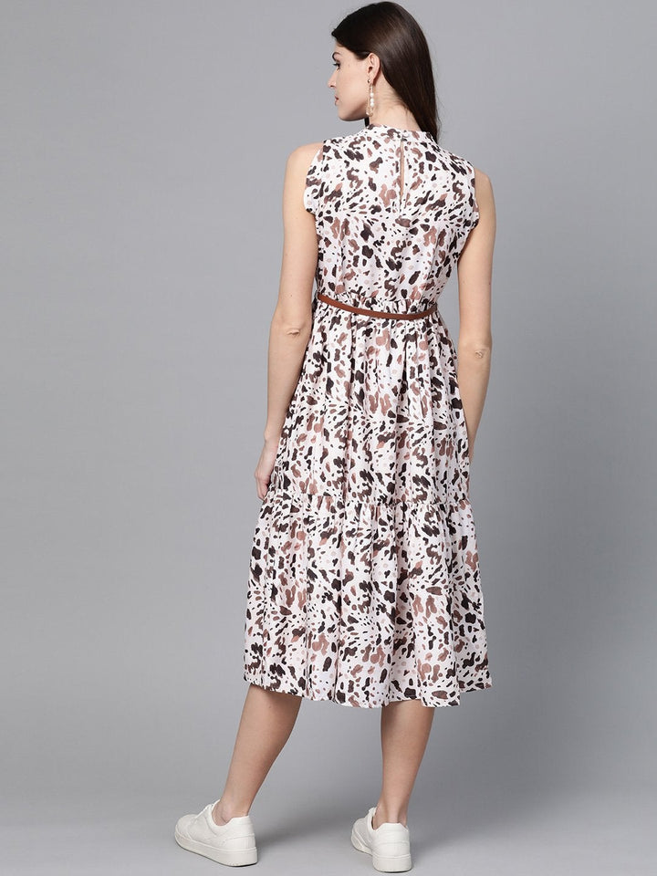 Women's Off White Leopard Tiered Belted Midi Dress - SASSAFRAS