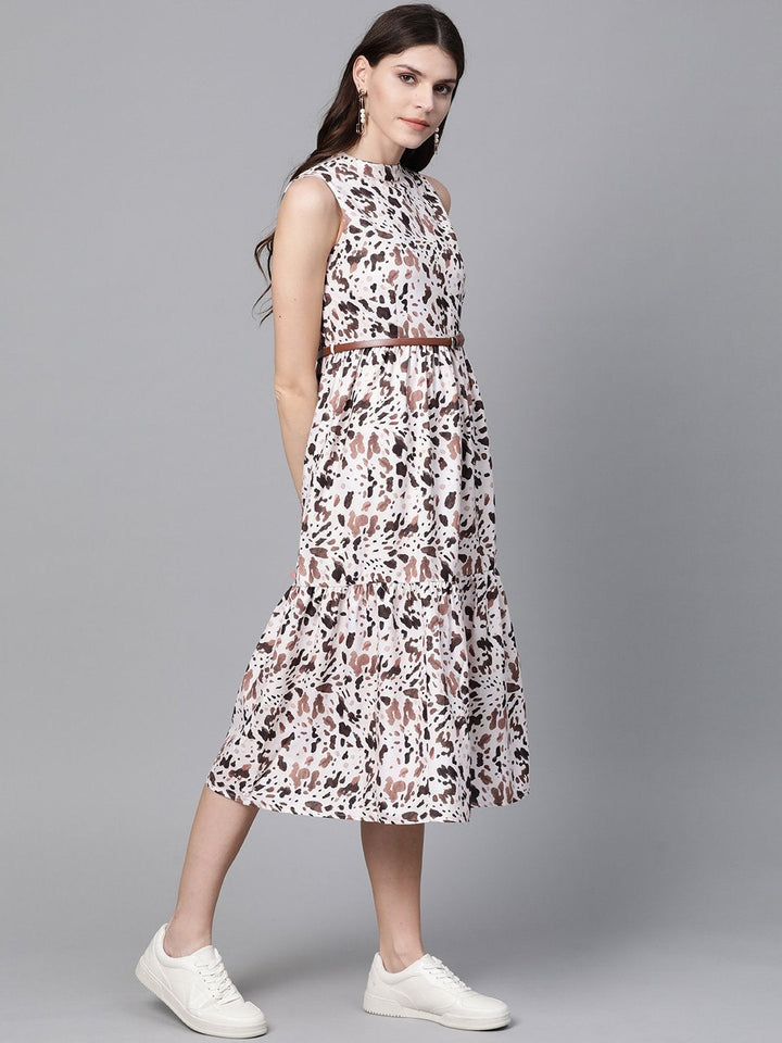 Women's Off White Leopard Tiered Belted Midi Dress - SASSAFRAS