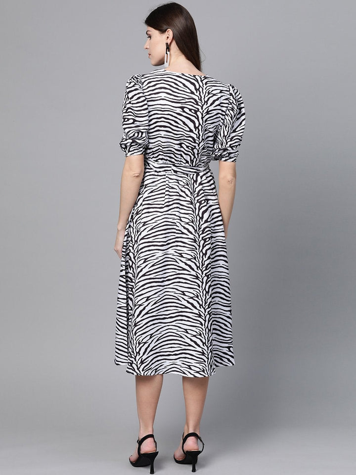 Women's White & Black Zebra Belted Midi - SASSAFRAS