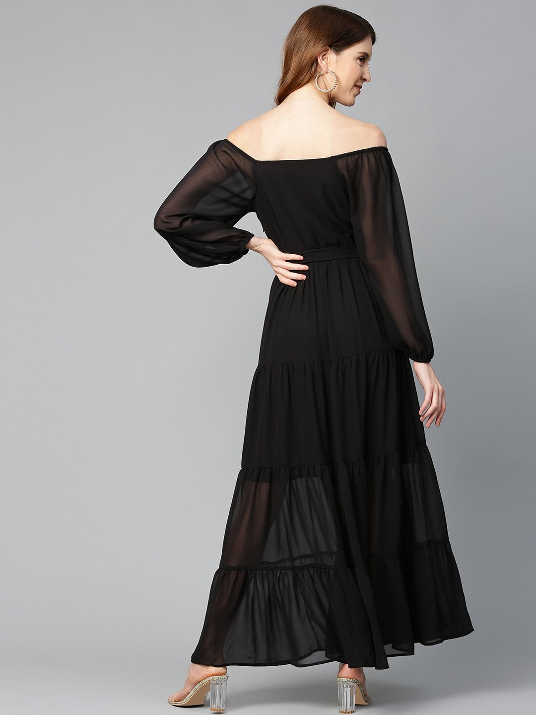 Women's Black Square Neck Tiered Maxi Dress - SASSAFRAS