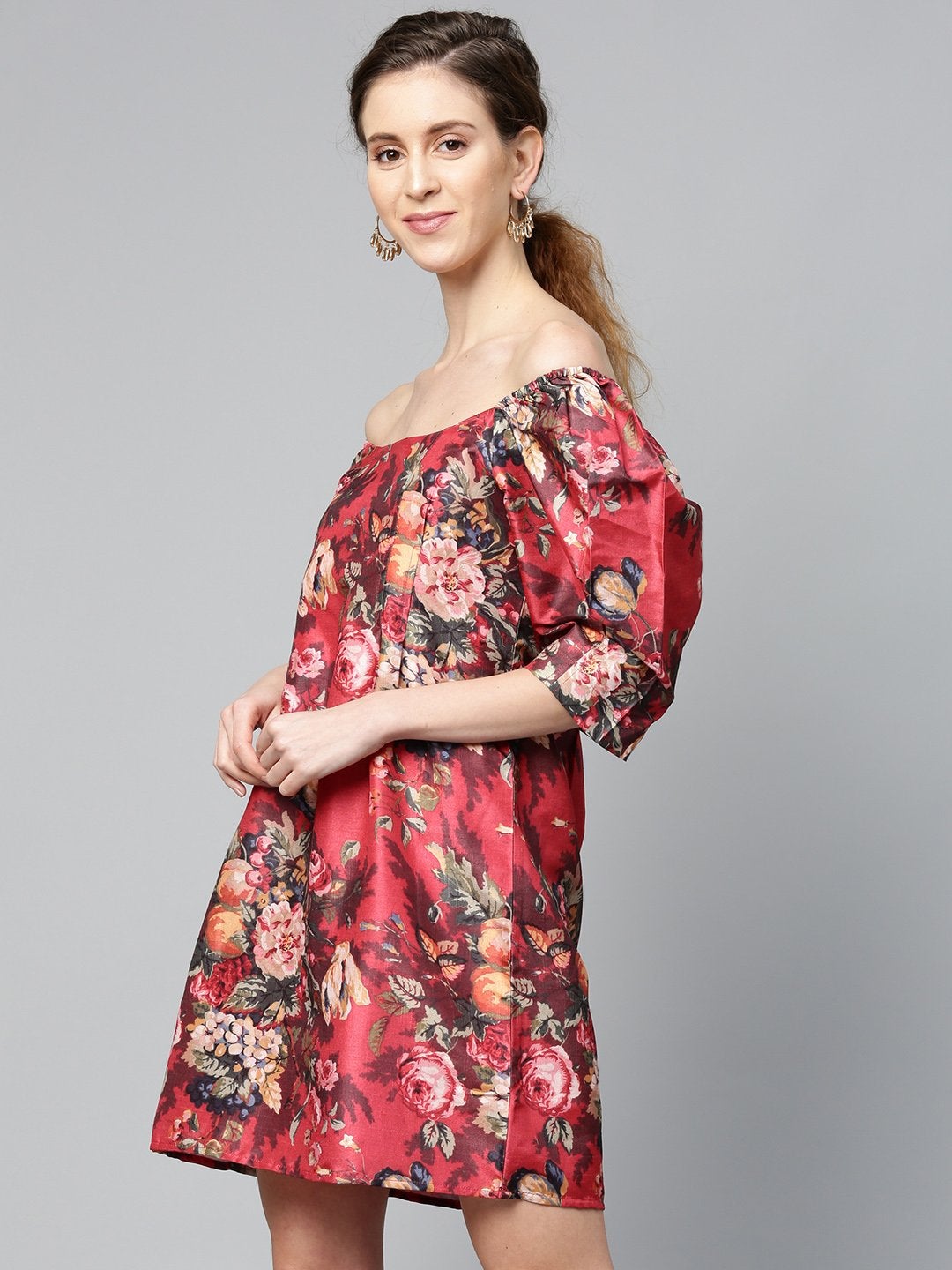 Women's Red Floral Puff Sleeve Shift Dress - SASSAFRAS