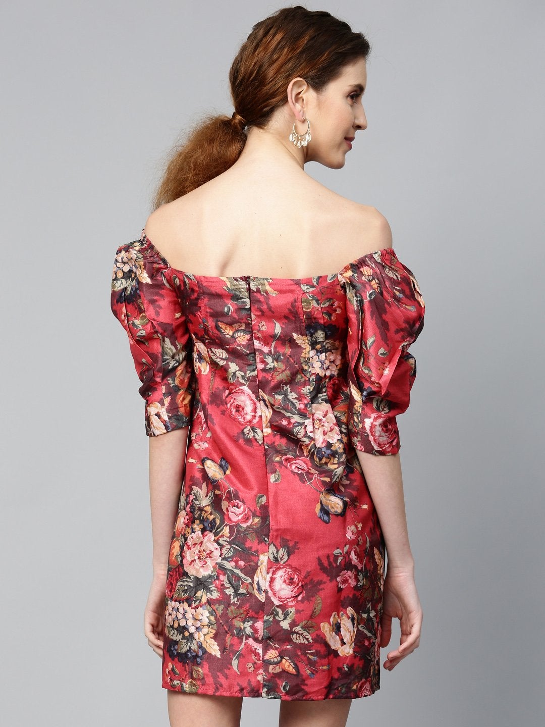 Women's Red Floral Puff Sleeve Shift Dress - SASSAFRAS