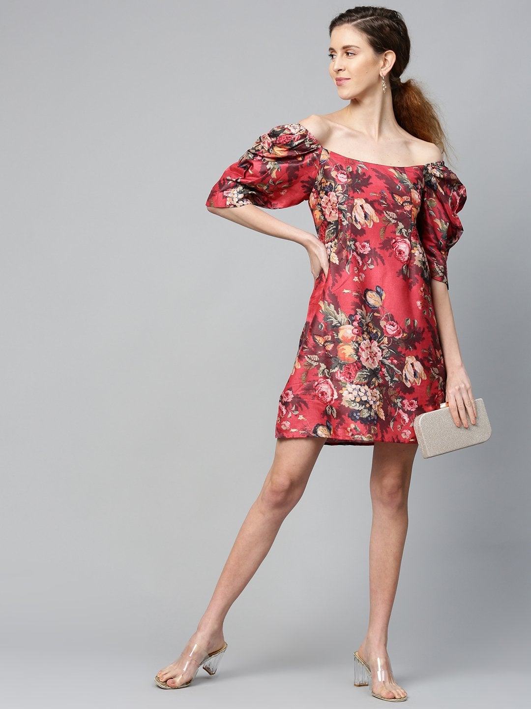 Women's Red Floral Puff Sleeve Shift Dress - SASSAFRAS