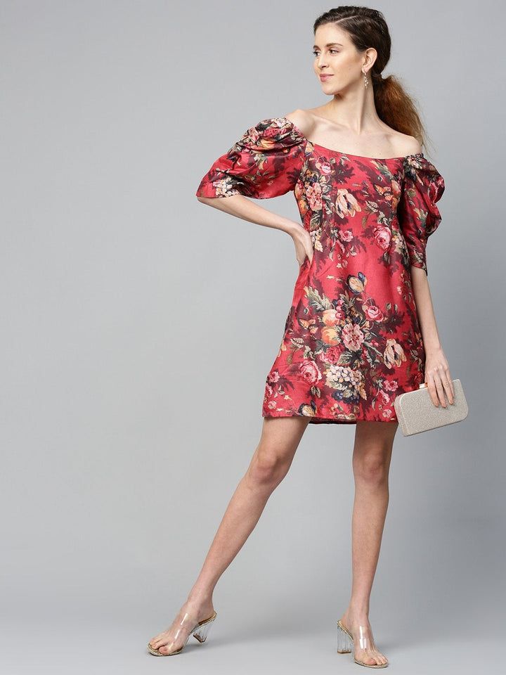 Women's Red Floral Puff Sleeve Shift Dress - SASSAFRAS